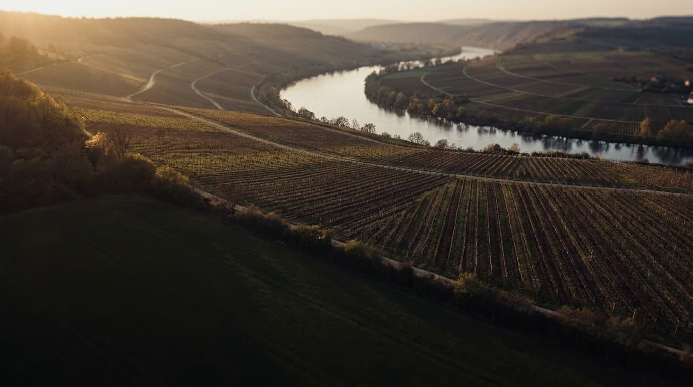 Weinberge an der Mainschleife in Franken im Abendlicht