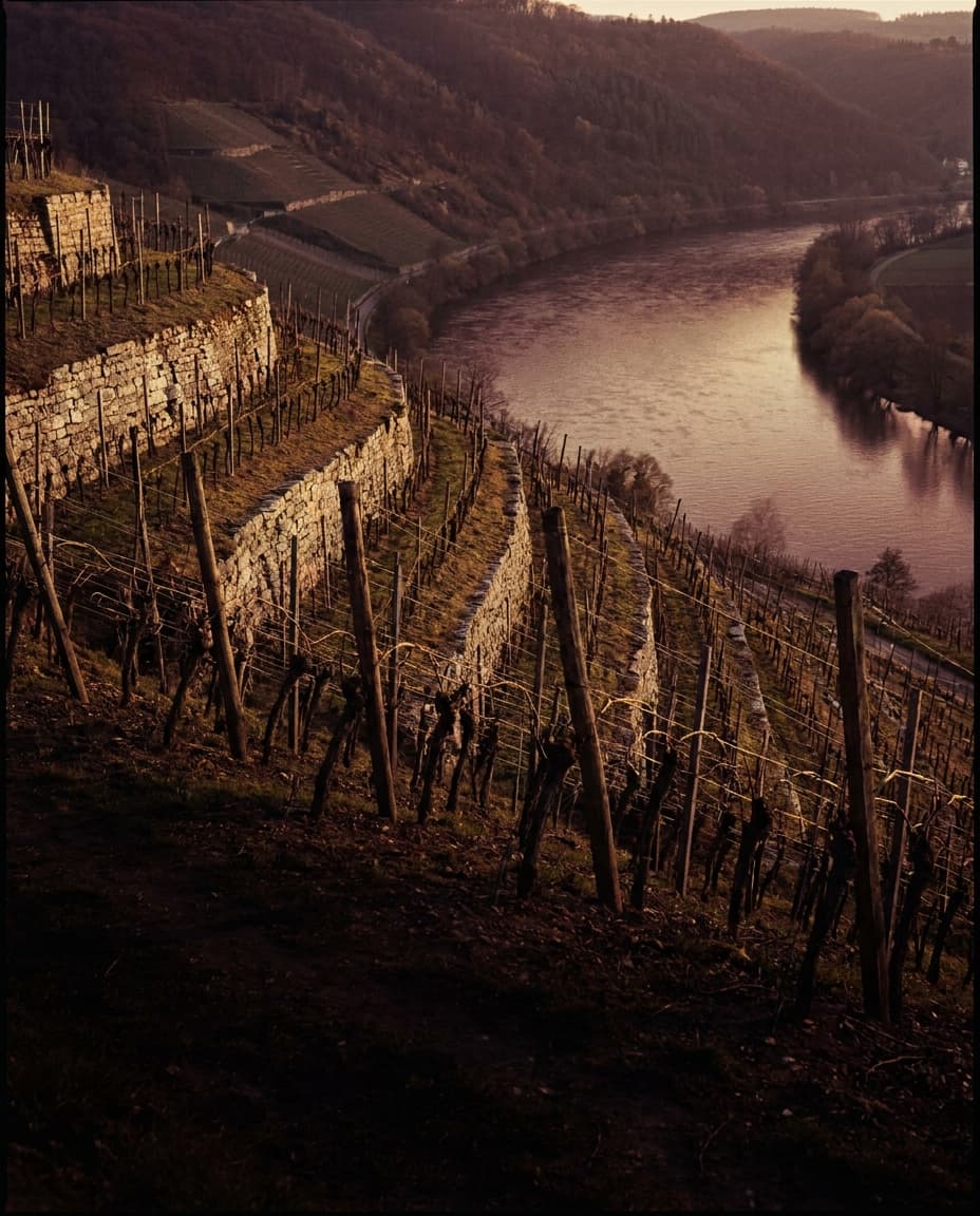 Weinberge an der Mainschleife in Franken im Abendlicht